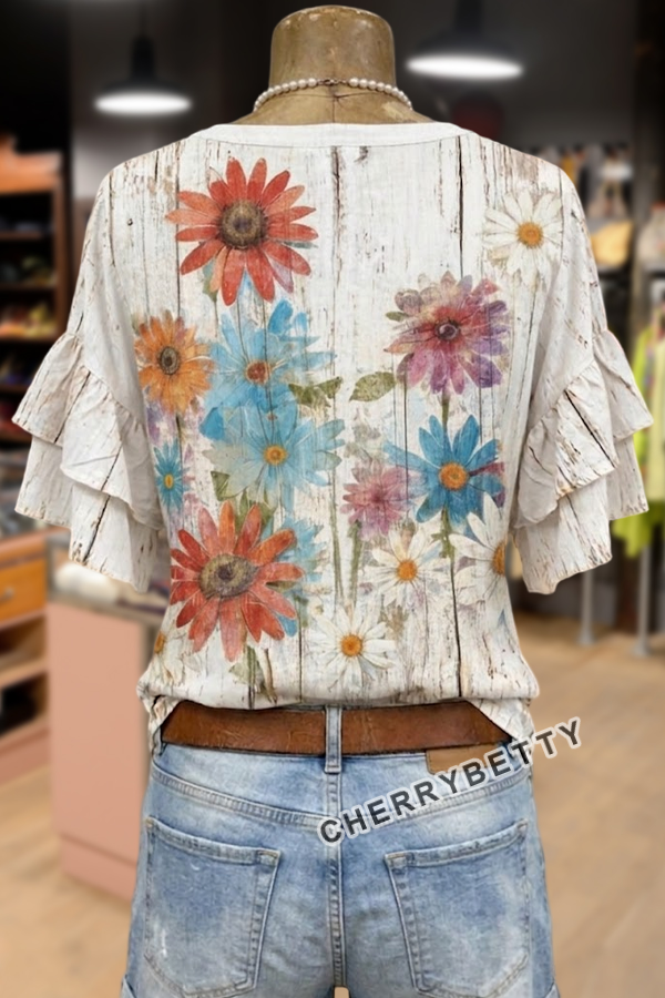 Vintage Distressed Flower Print Ruffle Sleeve Top