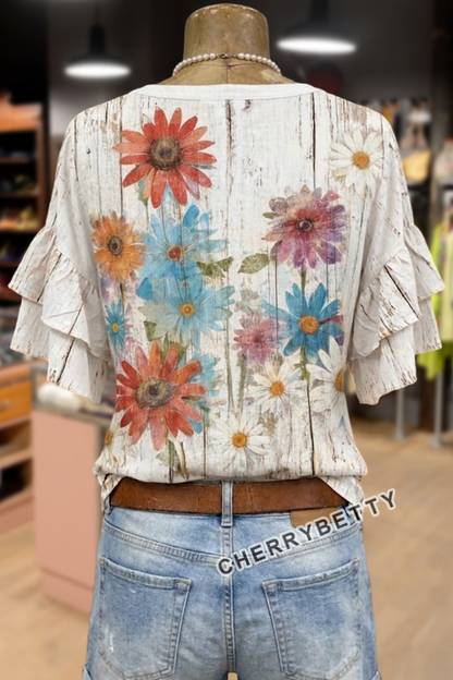 Vintage Distressed Flower Print Ruffle Sleeve Top