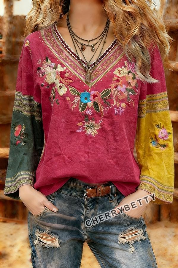 Boho Flower Embroidered V-Neck Long Sleeve Top
