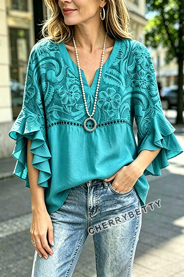 Vintage Floral Print Hollow Out Ruffle Sleeve Top