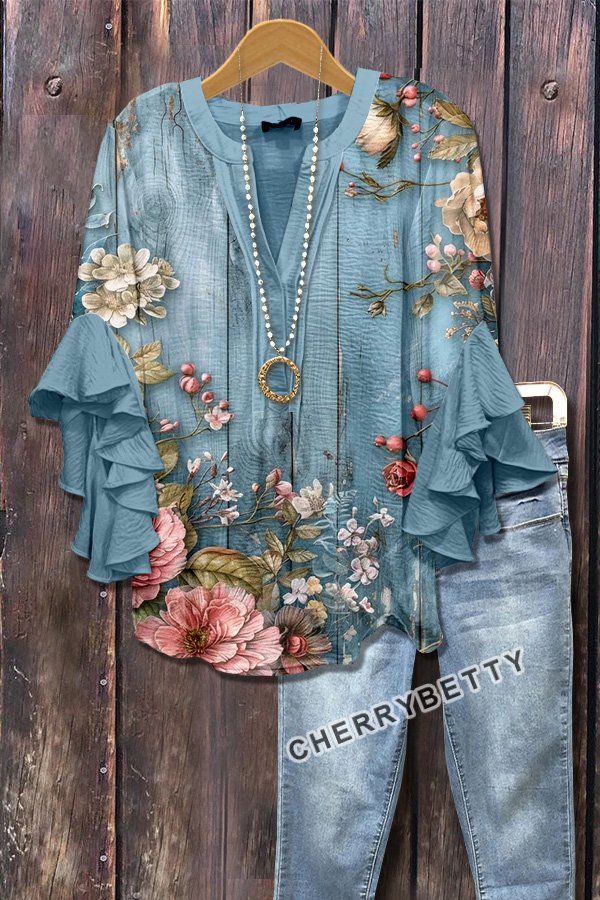 Vintage Floral Print Ruffle Sleeve Top