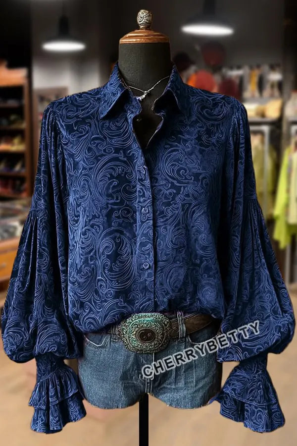 Vintage Floral Print Lantern Sleeve Velvet Top