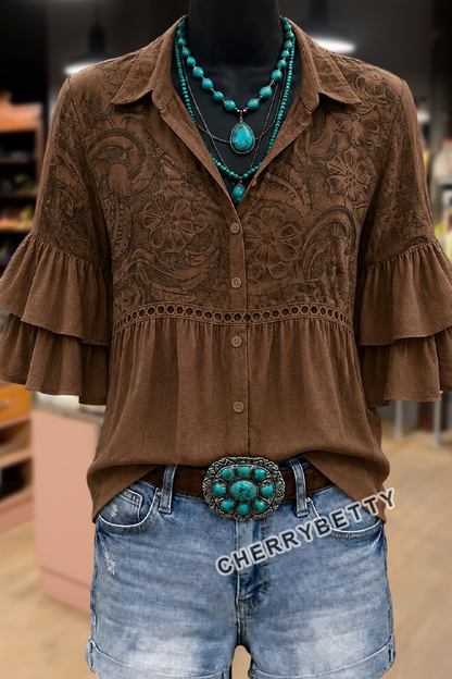 Gradient Paisley Print Layered Ruffle Sleeve Hollow Out Blouse
