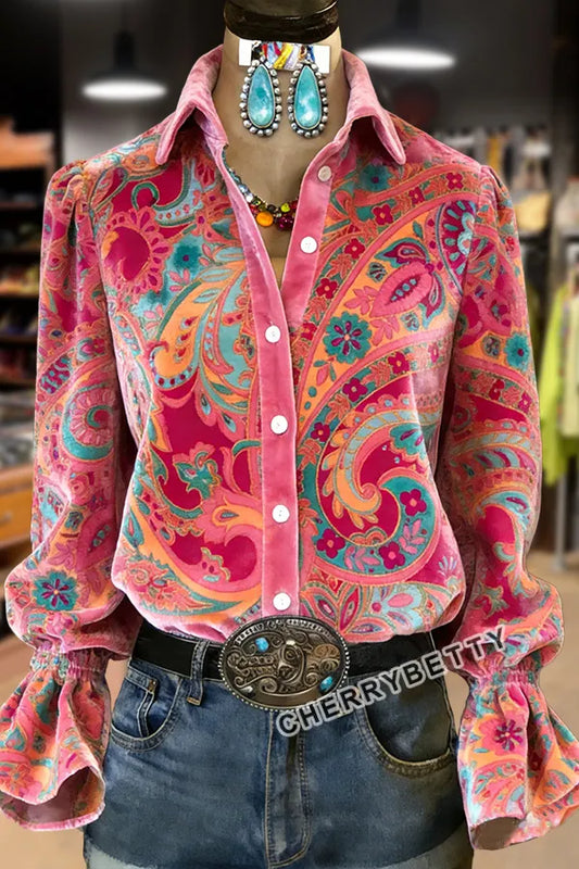 Paisley Floral Print Bell Sleeves Velvet Shirt