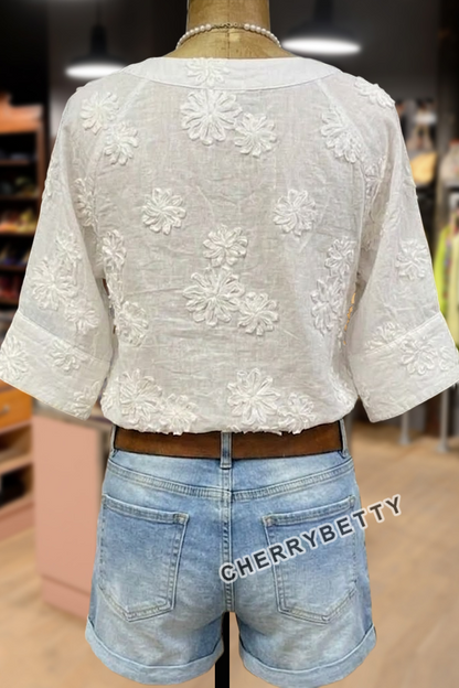 Boho Flower Embroidered V-Neck Half Sleeve Cotton Top