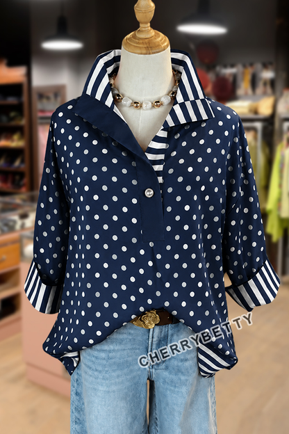 Mixed Polka Dot Print Striped Collar Three Quater Sleeve Blouse