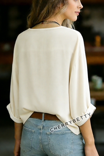 Vintage Floral Embroidered Notch Neck Half Sleeve Blouse