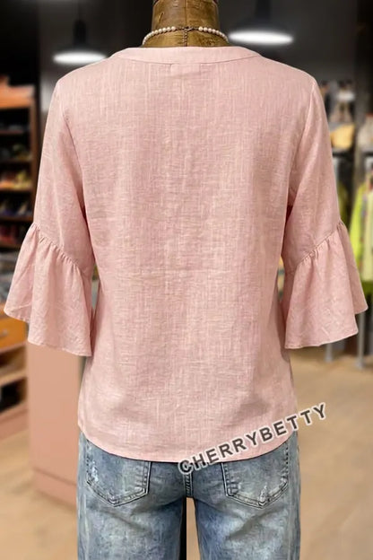 Femine Flower Embroidered Ruffle Sleeve Cotton Top