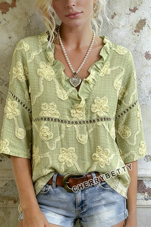 Vintage Floral Embroidered V-Neck Hollow Out Top