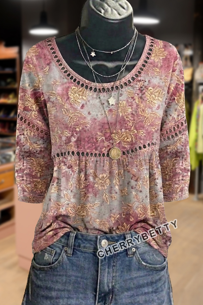 Vintage Floral Print Hollow Out Top