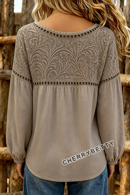 Vintage Floral Print Hollow Out Long Sleeve Top