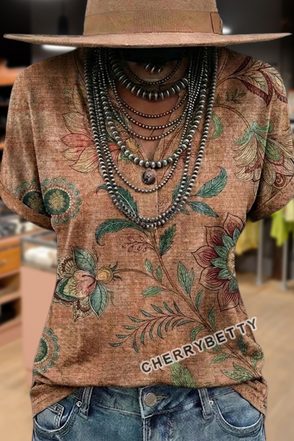 Retro Floral Print Button Detailed V-Neck T-Shirt