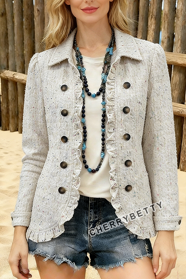 Western Speckled Tweed Ruffle Trim Double Breasted Jacket
