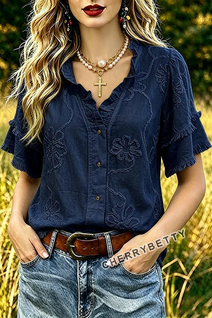 Vintage Flower Embroidered Ruffle Neck Frayed Hem Top