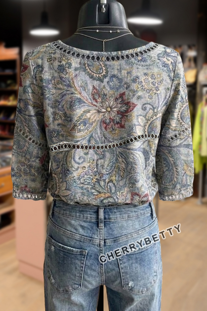 Vintage Floral Print Hollow Out Top