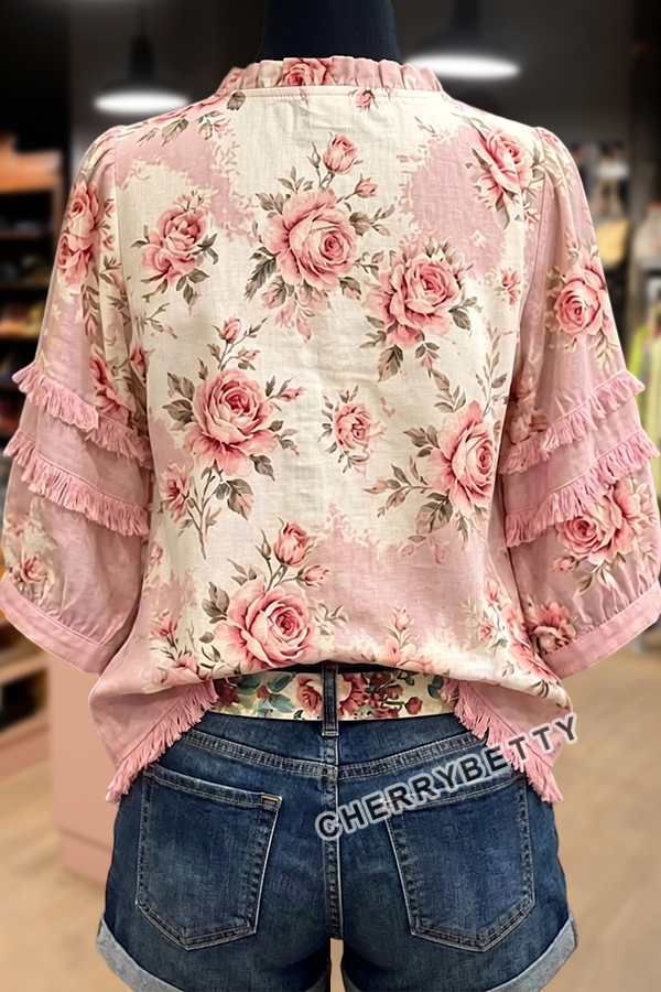 Vintage Rose Print V-Neck   Frayed Hem Top