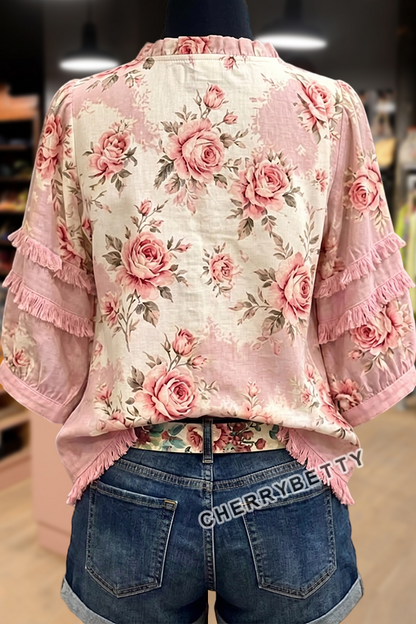 Vintage Rose Print V-Neck   Frayed Hem Top