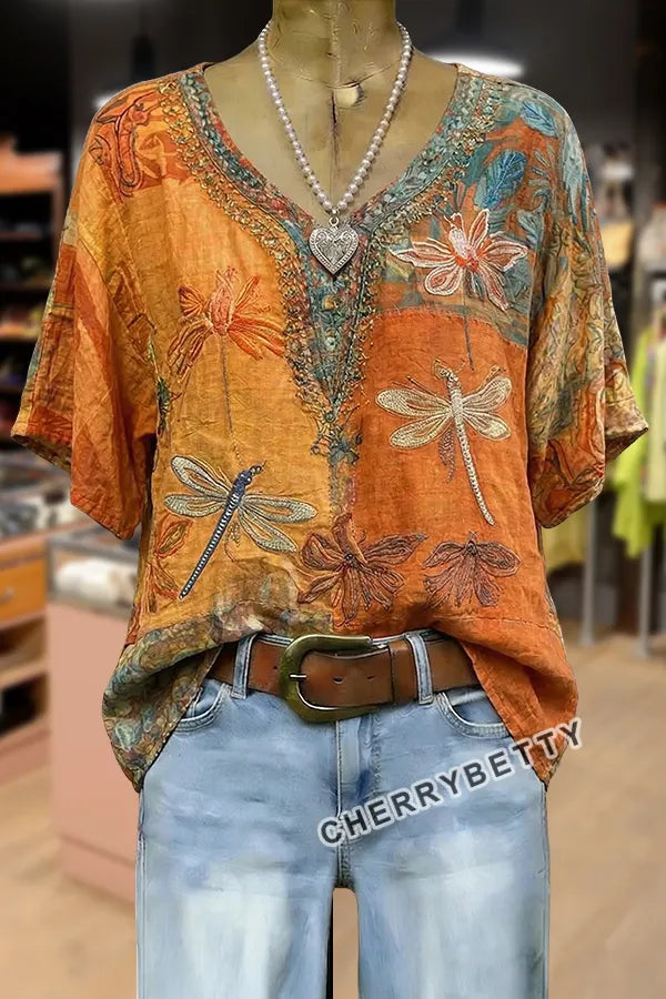 Retro Floral Embroidered V-Neck Cotton Blouse