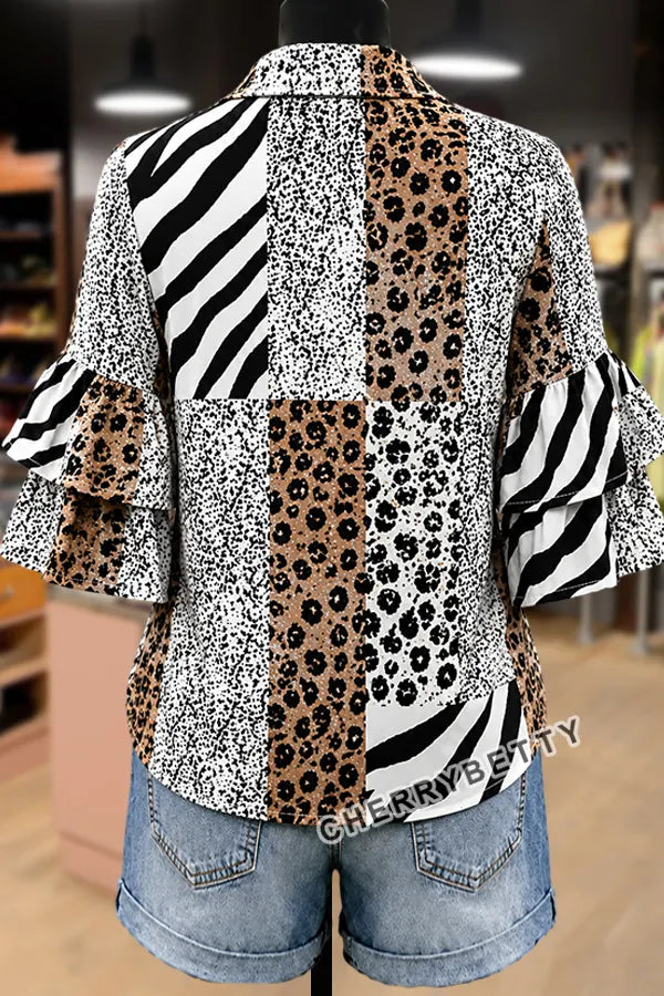 Vintage Mixed Animal Print Layered Ruffle Sleeve Top