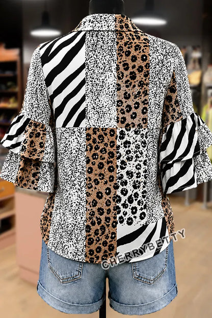 Vintage Mixed Animal Print Layered Ruffle Sleeve Top