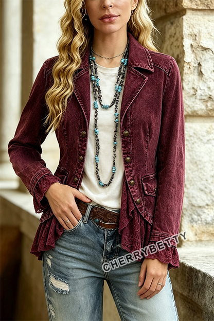 Solid Collar Long Sleeve Lace Ruffle Hem Jacket