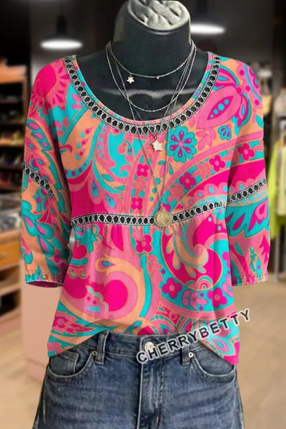 Colorful Paisley Floral Print  Hollow Out Cotton Top