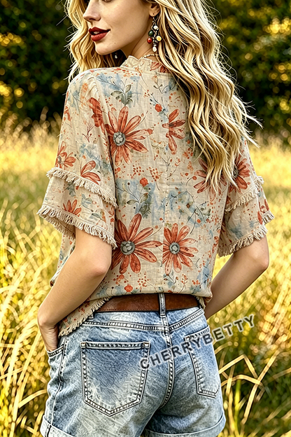 Vintage Floral Print Ruffle Neck Frayed Hem Top