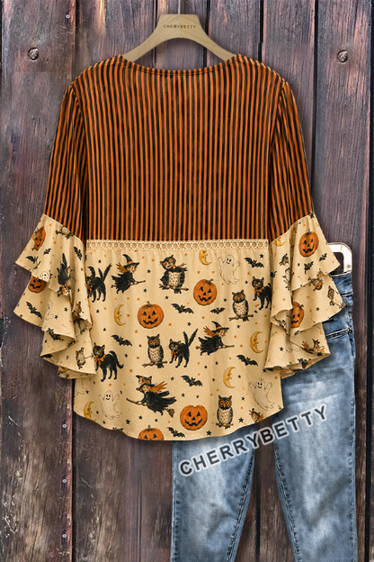 Funny Striped Halloween Print Ruffle Sleeve Hollow Out Top