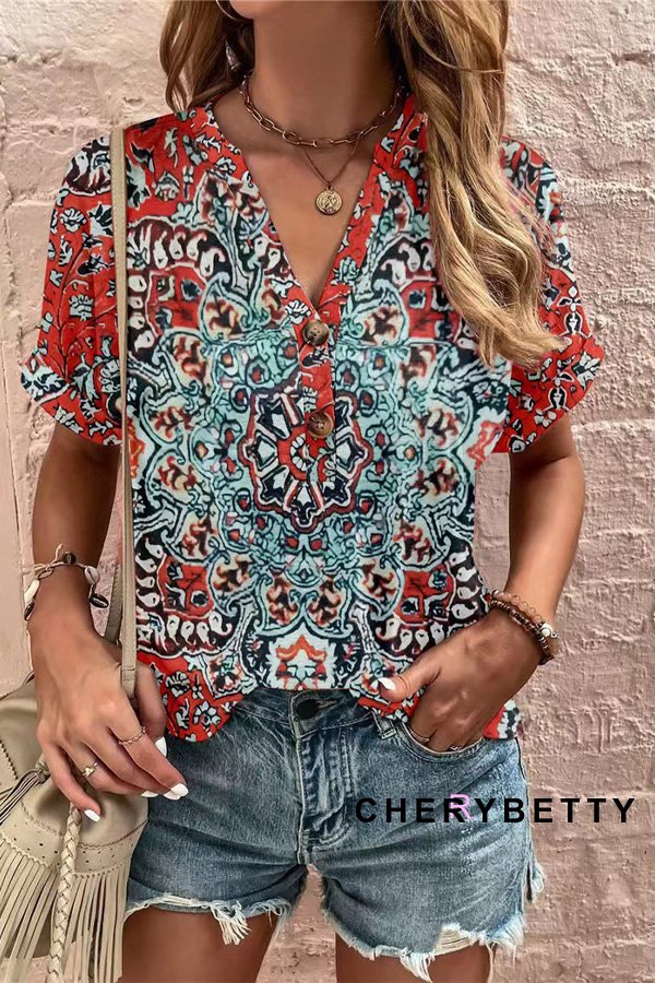 Floral Print Button Detailed V-Neck Top