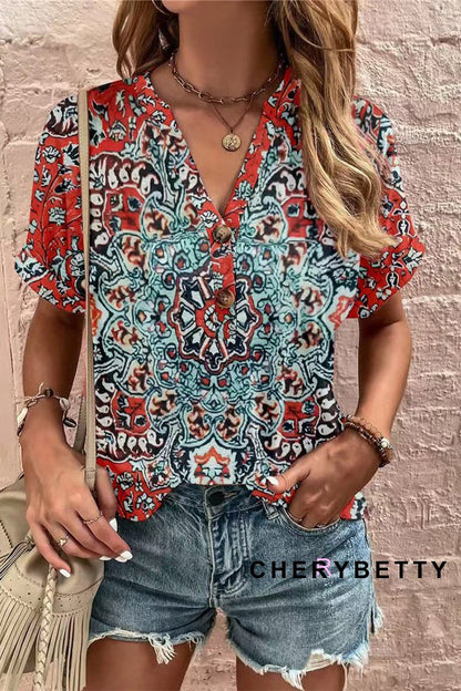 Floral Print Button Detailed V-Neck Top