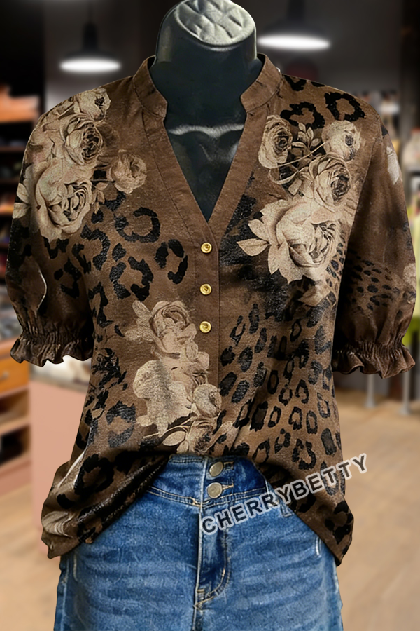 Mixed Leopard Floral Print V-Neck Top