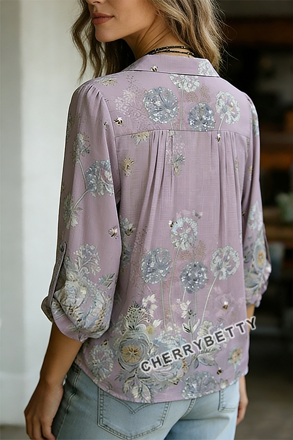 Vintage Floral Print Split Neck Three Quater Dolman Sleeves Blouse