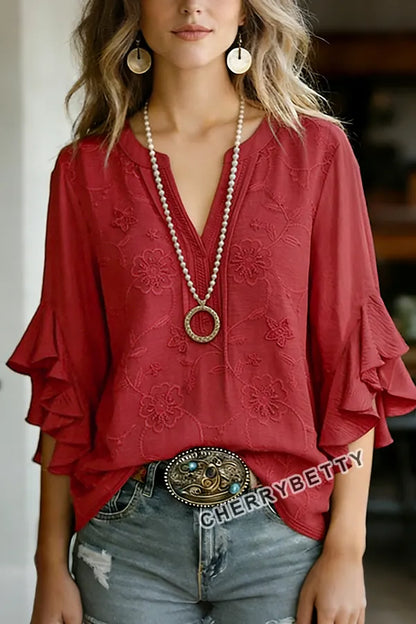 Solid Flower Embroidered V-Neck Ruffle Sleeve Cotton Blouse