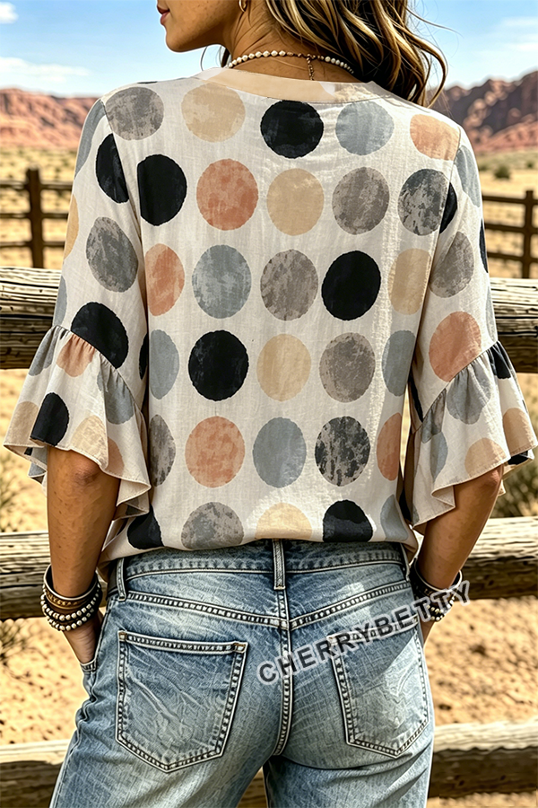 Colorful Polka Dot Print Notch Neck Ruffle Sleeve Top