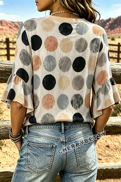 Colorful Polka Dot Print Notch Neck Ruffle Sleeve Top