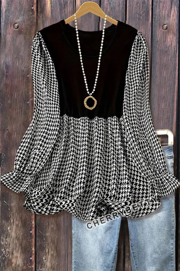 Houndstooth Print Ruffle Sleeve Top