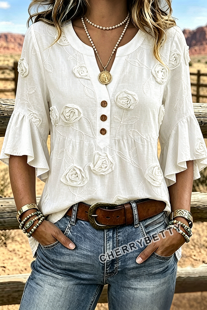 Vintage Rose Embroidered Notch Neck Ruffle Sleeve Blouse