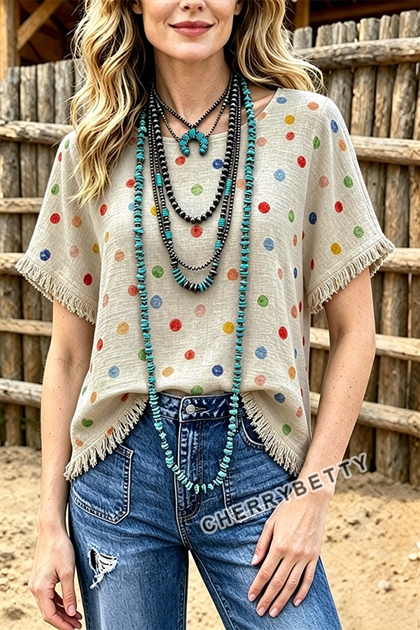 Colorful Polka Dot Print Side Slit Fringe Hem Top