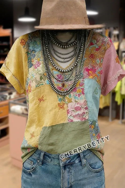 Retro Mixed Floral Patch V-Neck T-Shirt