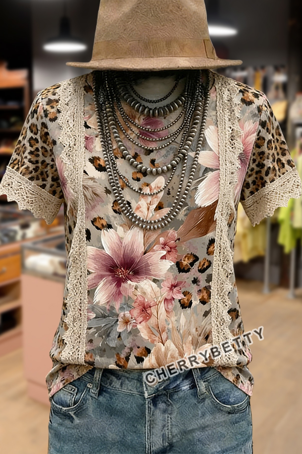 Mixed Leopard Floral Print   Lace Patch T-Shirt