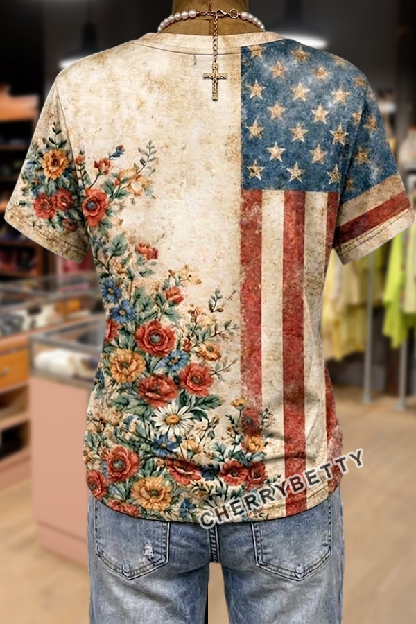 Retro Flower Print V-Neck Independence Day T-Shirt