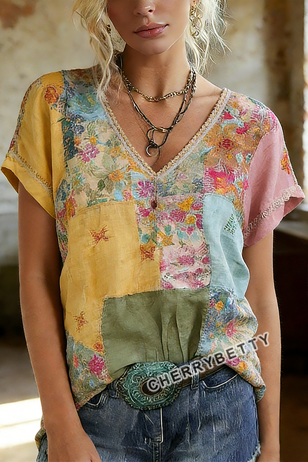 Retro Mixed Floral Patch V-Neck T-Shirt