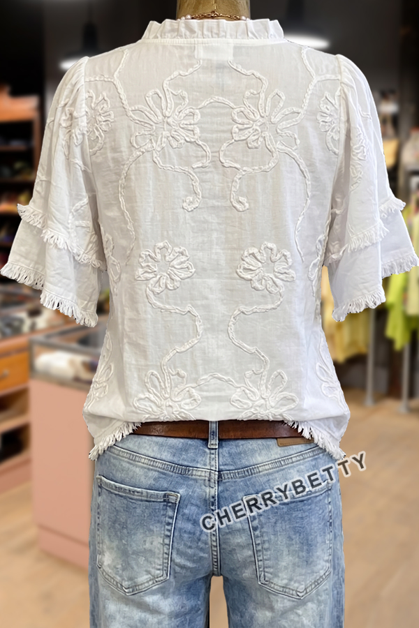 Vintage Flower Embroidered Ruffle Neck Frayed Hem Top
