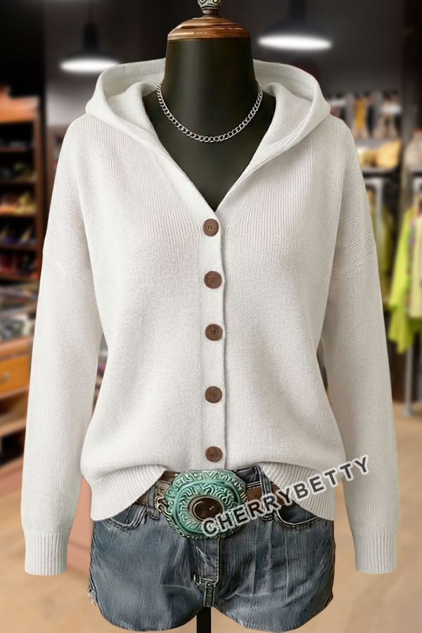 Solid Button Detailed Hoodie Sweater