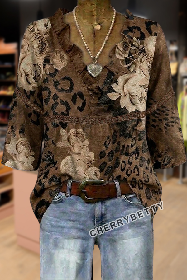 Mixed Leopard Floral Print V-Neck Hollow Out Top