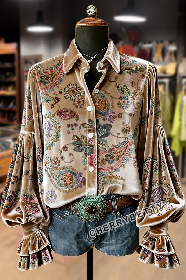 Retro Paisley Print Velvet Top
