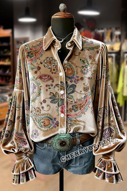 Retro Paisley Print Velvet Top