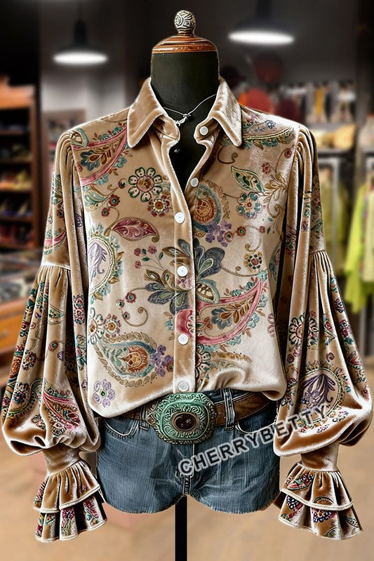 Retro Paisley Print Velvet Top
