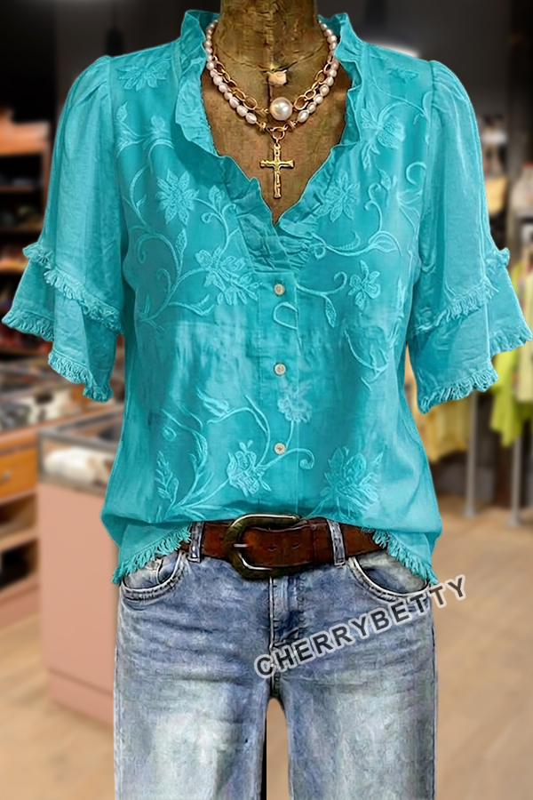 Feminine Flower Jacquard Ruffle Neck Frayed Hem Cotton Top