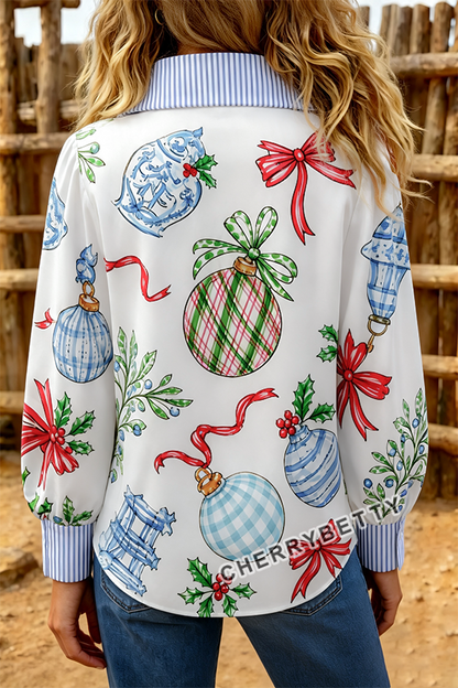 Christmas Ornaments Print Striped Collar Top